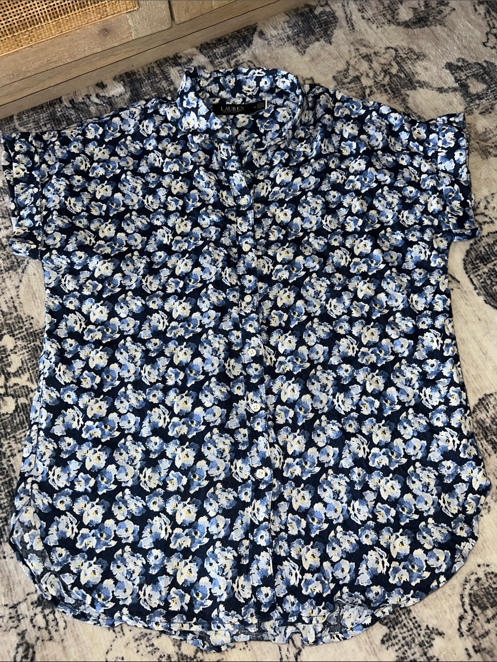 Lauren Ralph Lauren Blue Floral Short Sleeve Button-Up Shirt